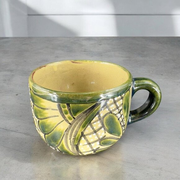 Vintage Mexico Pottery Talavera Large Oversize Coffee Mug Cup Green Glazed VTG - Picture 4 of 15